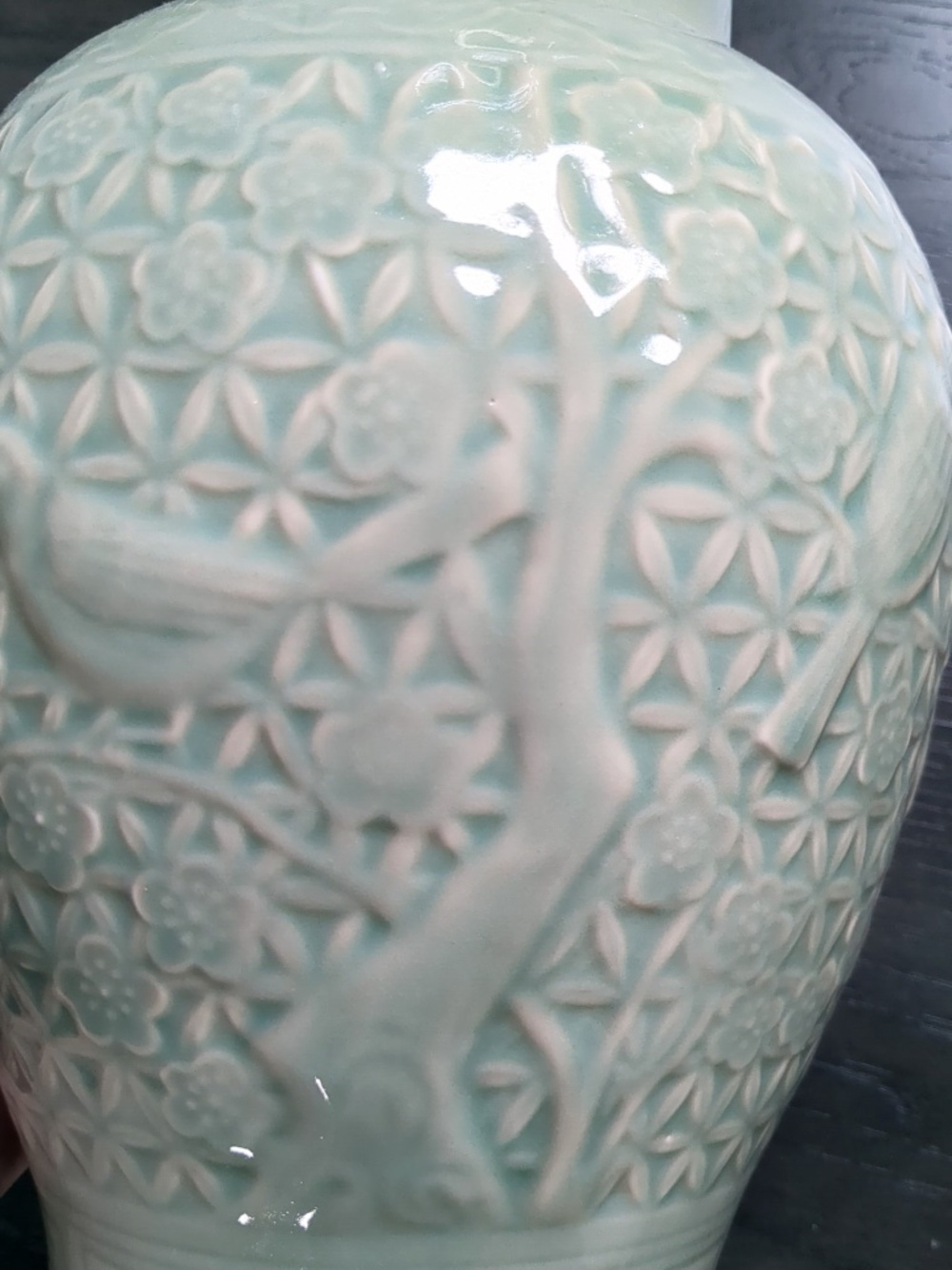 Wildwood Home Celadon Glazed Ginger Jar Lamp Base w/ Floral Fauna Engraving - Picture 5 of 13